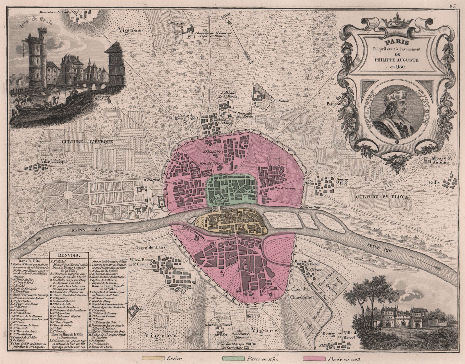 MEDIEVAL PARIS 1180. Hotel de Vauvert. Tour de Nesle. VUILLEMIN 1879 old map